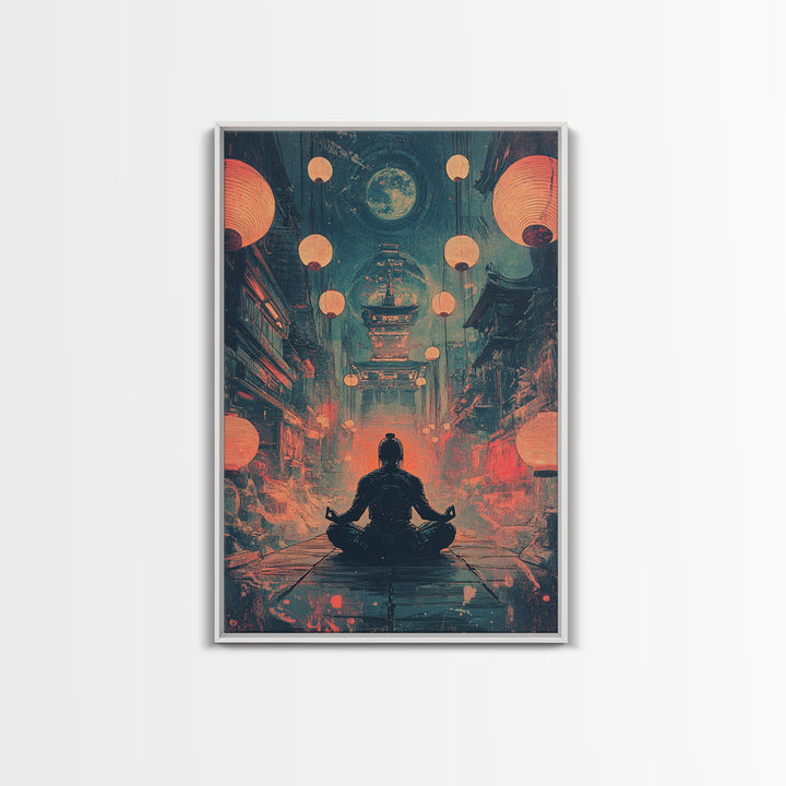Moonlit Red Lantern Meditation Wall Art, Dark Japanese Fantasy Decor, Moody Zen Canvas Wall Art, Spiritual Room Print, Gift For Him