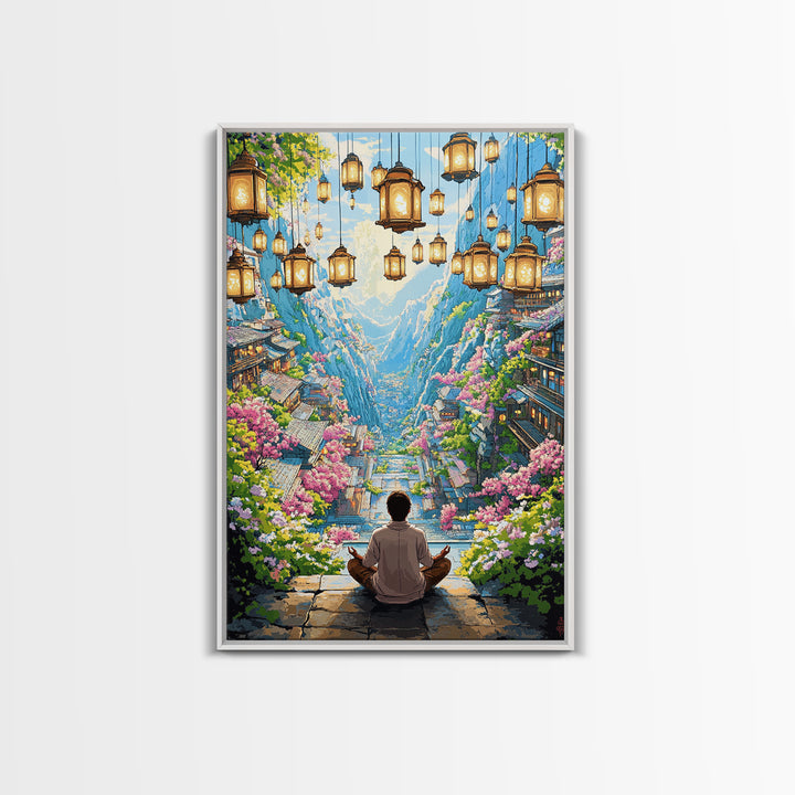 Hanging Lantern Valley Framed Canvas Print, Japanese Mountain Village Wall Decor, Floral Zen Landscape Living Room Art Gift