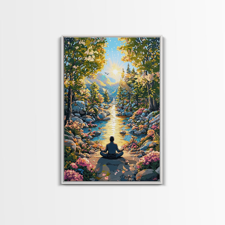 Golden Mountain River Meditation Canvas Print, Sunlit Nature Wall Art, Peaceful Zen Decor, Calming Living Room Art, Housewarming Gift