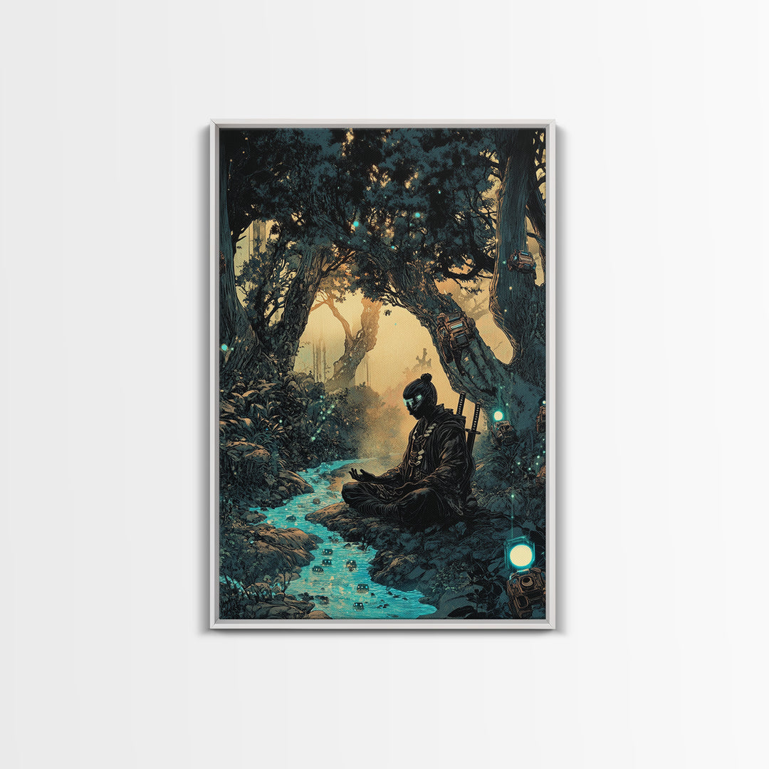 Meditating Samurai In Glowing Forest Stream Wall Art, Japanese Zen Decor, Fantasy Landscape Print, Moody Office Decor Gift
