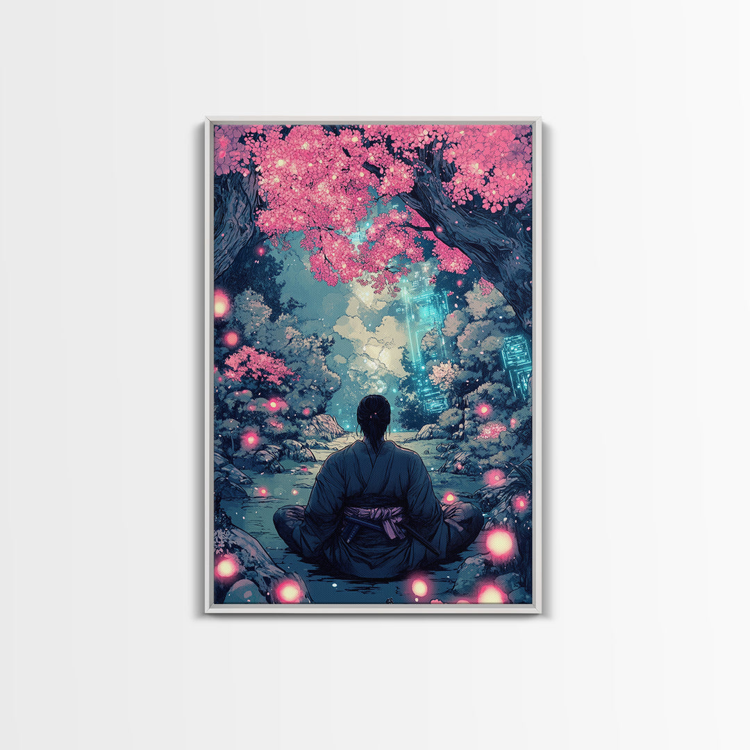 Mystical Samurai Under Pink Blossom Trees Wall Art, Japanese Fantasy Decor, Cyberpunk Zen Print, Moody Bedroom Wall Decor