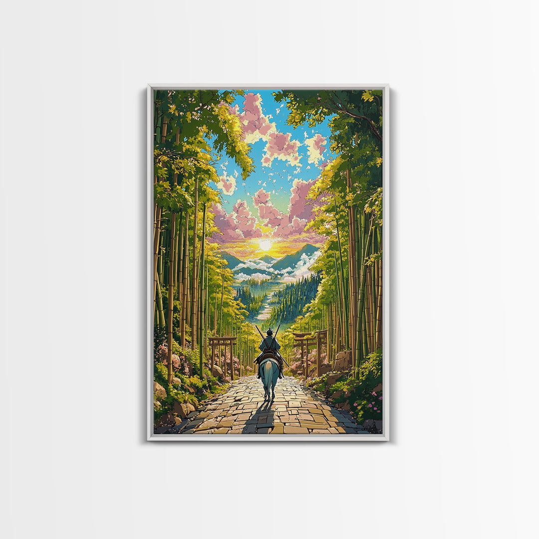 Samurai Rider On Bamboo Path At Sunset Framed Canvas Print, Japanese Landscape Wall Art, Zen Nature Home Decor, Gift For Her