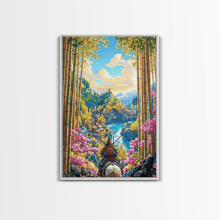 Armored Samurai Overlooking Lake City Framed Canvas Print, Japanese Bamboo Wall Art, Cherry Blossom Landscape, Home Decor