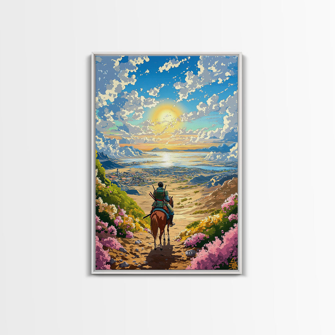 Samurai Rider Above Sunlit Ocean Valley Canvas Print, Japanese Landscape Wall Art, Coastal Mountain Decor, Colorful Print