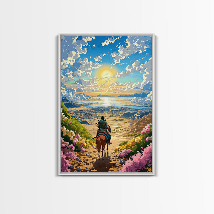 Samurai Rider Above Sunlit Ocean Valley Canvas Print, Japanese Landscape Wall Art, Coastal Mountain Decor, Colorful Print