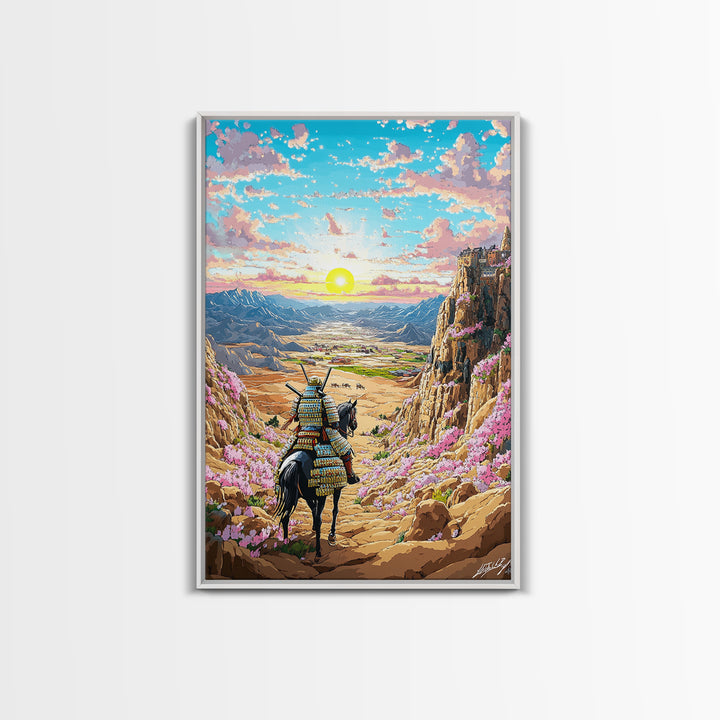 Armored Samurai Horse In Desert Canyon Sunrise Framed Canvas Print, Japanese Western Wall Art, Mountain Landscape Home Decor