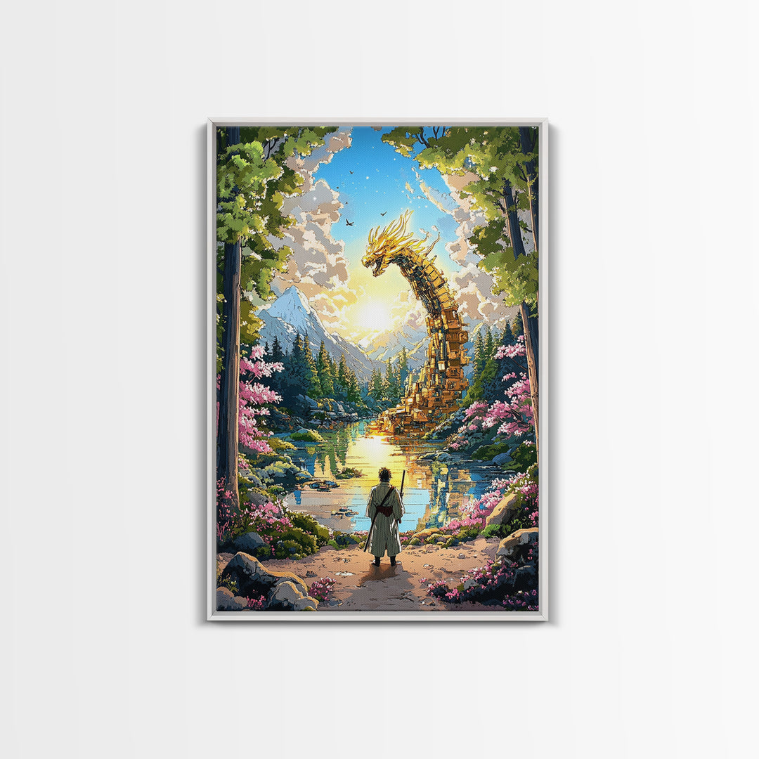 Golden Dragon Over Mountain Lake Canvas Print, Japanese Fantasy Art, Cherry Blossom Wall Decor, Samurai Living Room Art Print