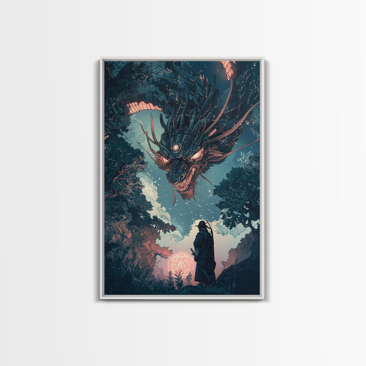 Dark Mechanical Dragon And Samurai Wall Art, Japanese Fantasy Poster, Cyberpunk Decor, Moody Sci Fi Living Room Art Print