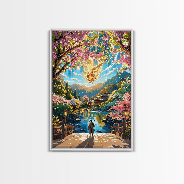 Glowing Dragon Above Cherry Blossom River Framed Canvas Print, Japanese Garden Wall Art, Colorful Fantasy Home Decor Print