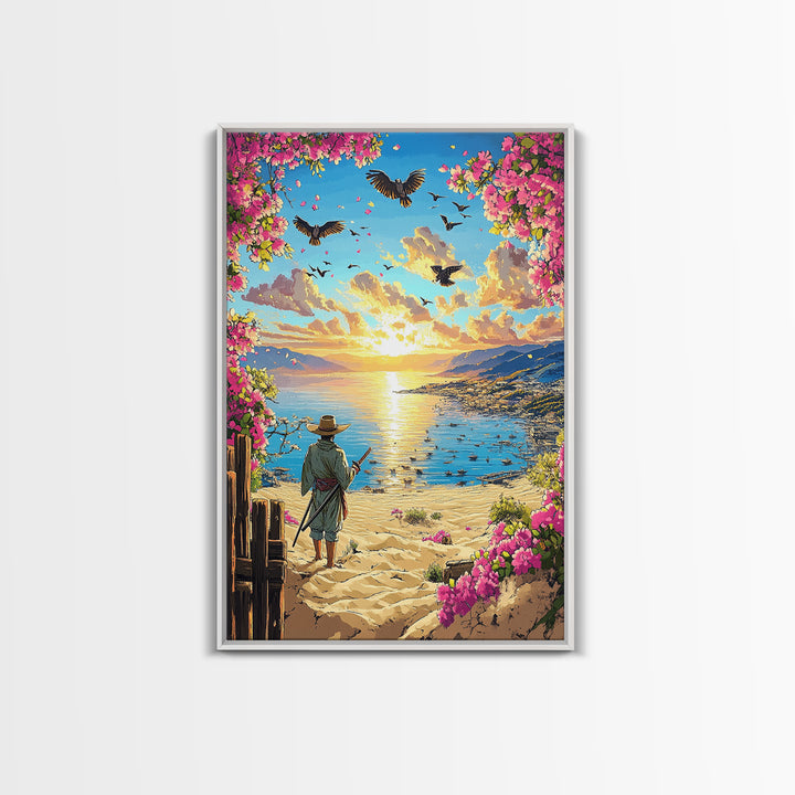 Samurai On Sunny Flower Framed Beach Canvas Print, Coastal Wall Art, Tropical Sunset Poster, Beach House Living Room Decor
