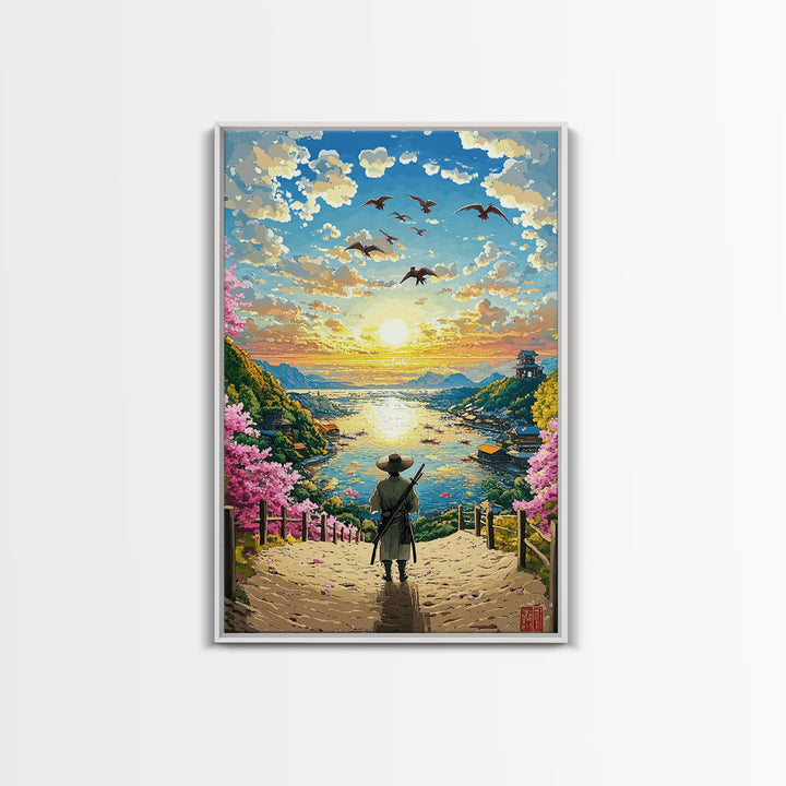 Samurai Overlooking Golden Coastal Village Wall Art, Japanese Seascape Print, Cherry Blossom Decor, Serene Living Room Art