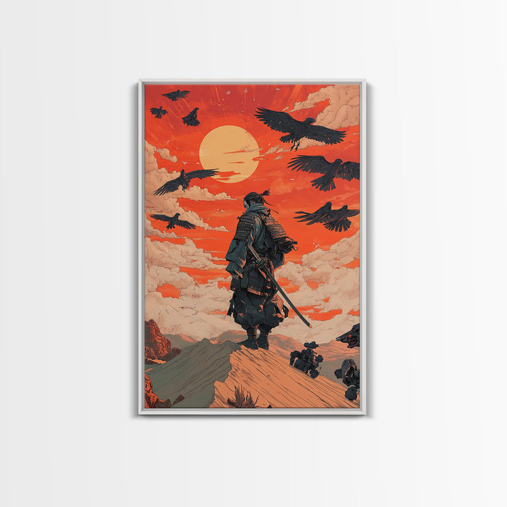 Armored Samurai Beneath Red Sunset And Ravens Canvas Print, Japanese Warrior Wall Art, Desert Fantasy Poster, Office Decor
