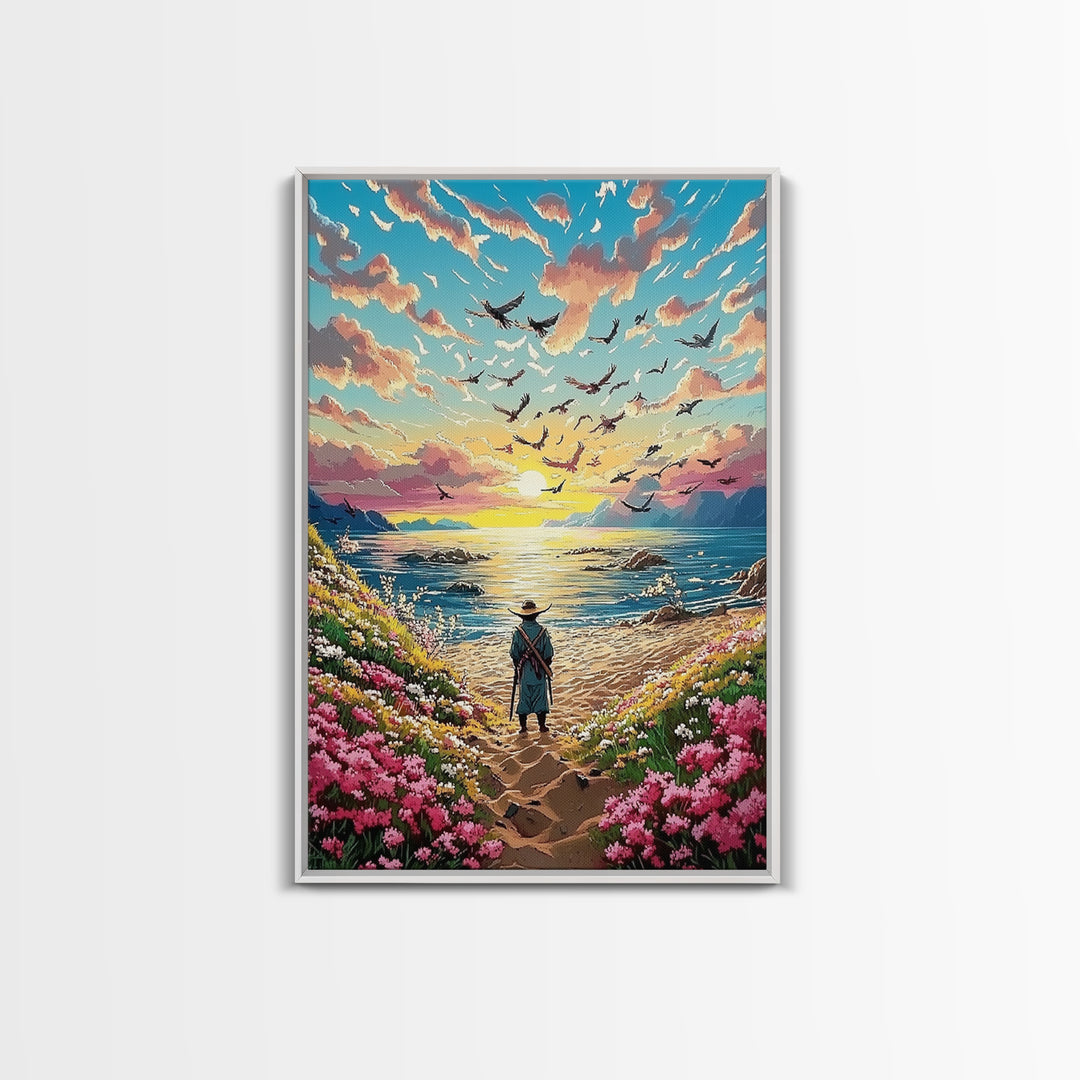 Lone Traveler On Wildflower Seaside Path Canvas Print, Coastal Sunset Wall Art, Ocean Landscape Decor, Beach House Print