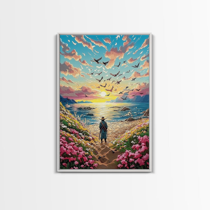 Lone Traveler On Wildflower Seaside Path Canvas Print, Coastal Sunset Wall Art, Ocean Landscape Decor, Beach House Print
