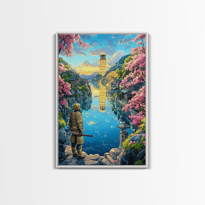 Samurai Overlooking Golden Pagoda Lake Wall Art, Japanese Cherry Blossom Canvas Print, Fantasy Landscape Home Decor Gift