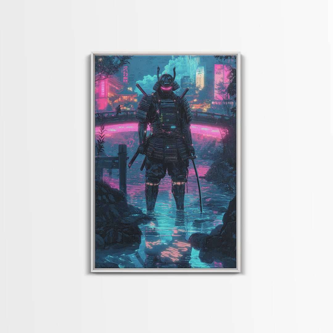 Neon Cyberpunk Samurai In Rain Wall Art, Futuristic City Canvas Print, Japanese Warrior Gaming Room Decor Gift For Him Poster