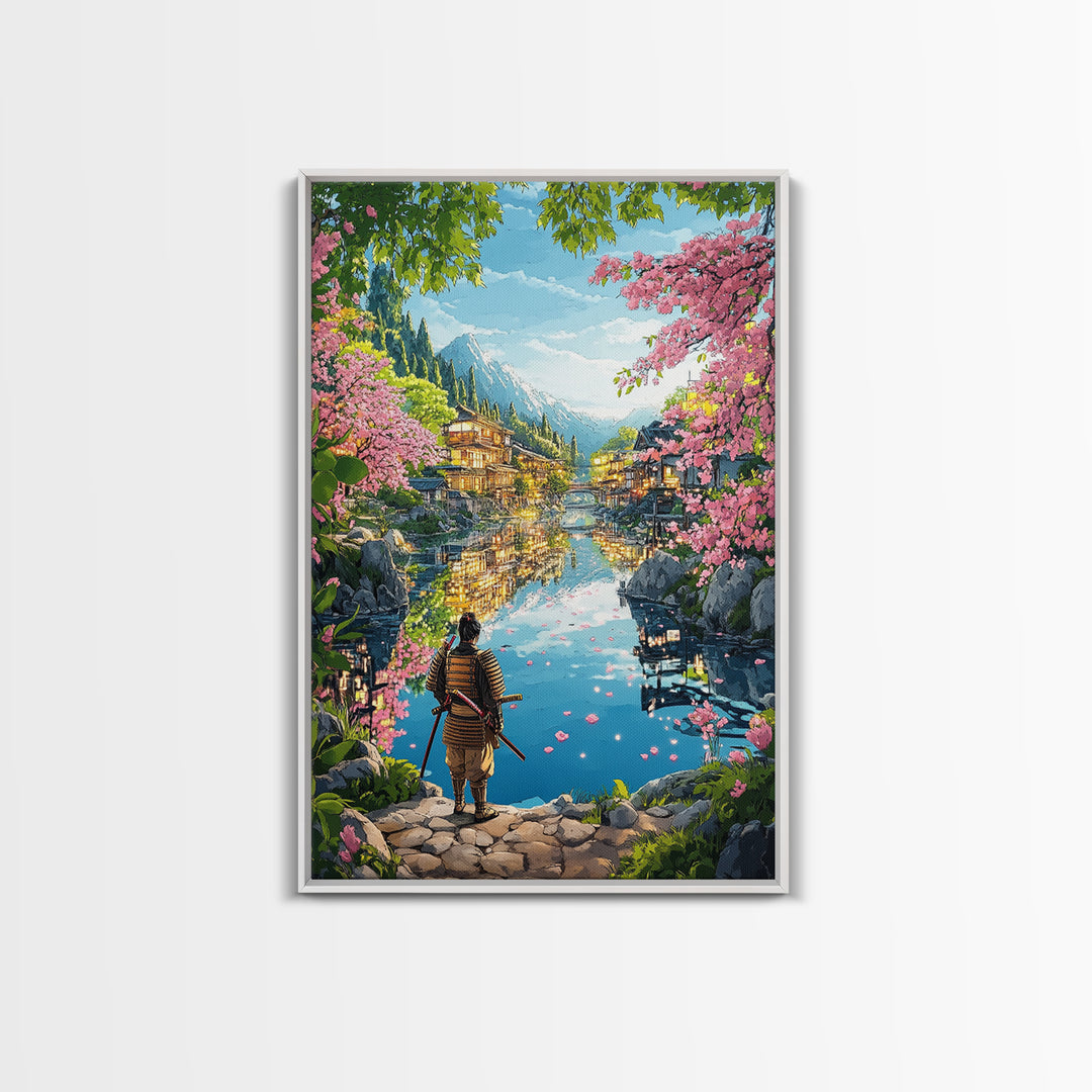 Samurai By Blossom Mountain Lake Wall Art, Japanese Village Framed Canvas Print, Serene Landscape Living Room Decor Gift