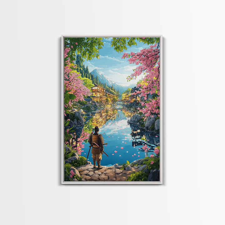 Samurai By Blossom Mountain Lake Wall Art, Japanese Village Framed Canvas Print, Serene Landscape Living Room Decor Gift