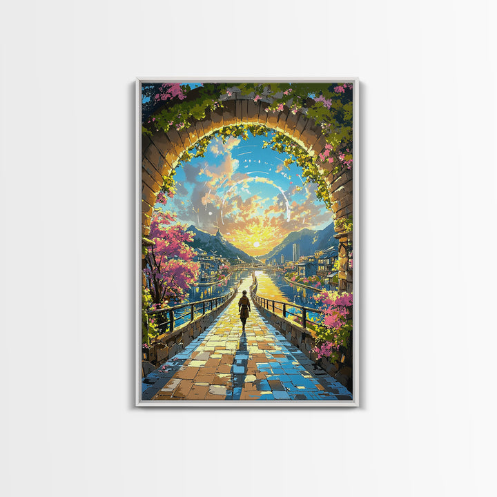 Sunlit Archway Over Canal Wall Art, Japanese Fantasy Canvas Print, Cherry Blossom Landscape Above Bed Decor Gift For Her