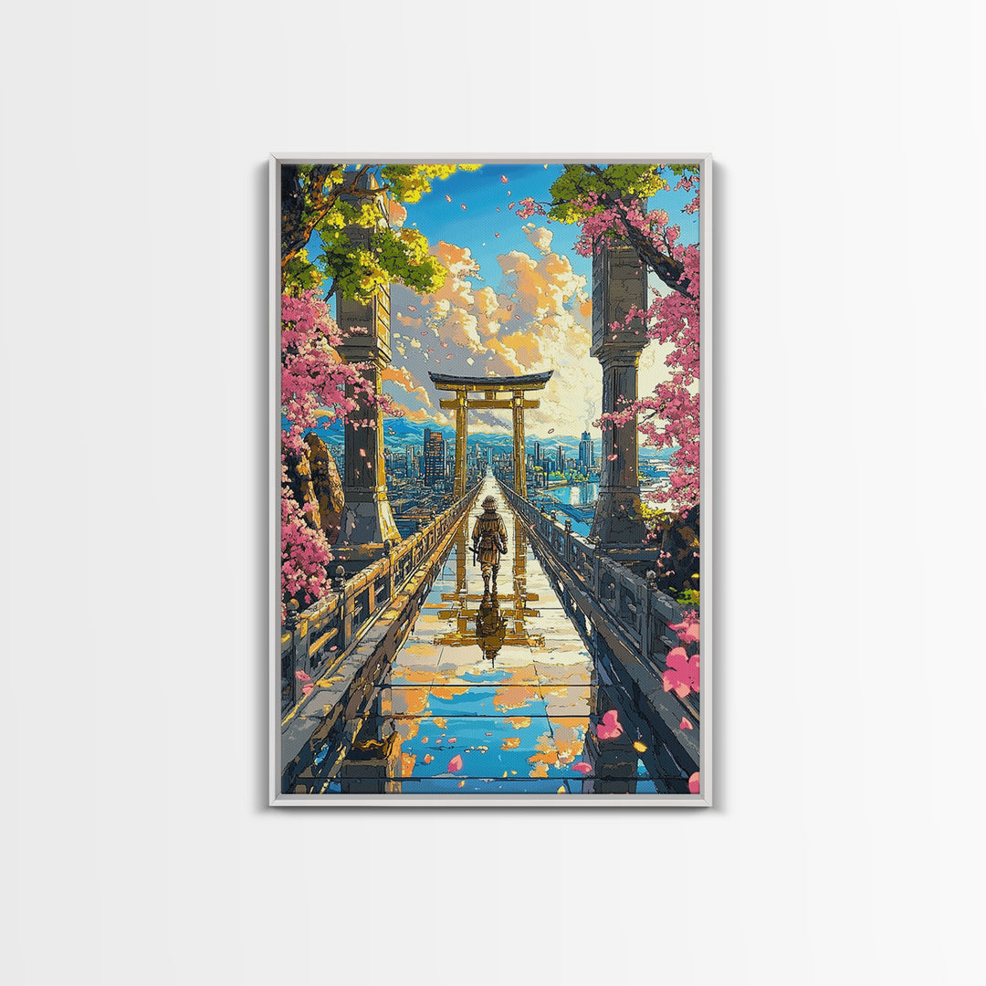 Samurai Crossing Torii Bridge Wall Art, Japanese Cherry Blossom Canvas Print, Scenic City Landscape Home Decor Gift For Her