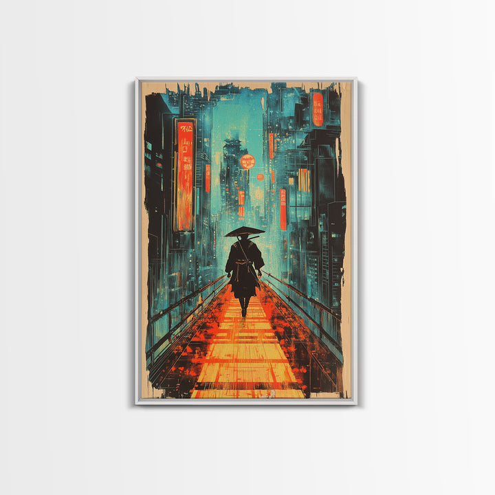 Lone Samurai With Umbrella Wall Art, Neon Cyberpunk City Canvas Print, Japanese Rainy Night Poster Home Office Decor Gift