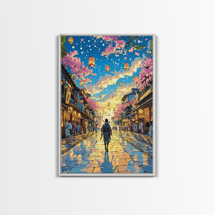 Samurai Lantern Festival Street Wall Art, Japanese Cherry Blossom Canvas Print, Colorful Anime Inspired Home Decor Gift Print