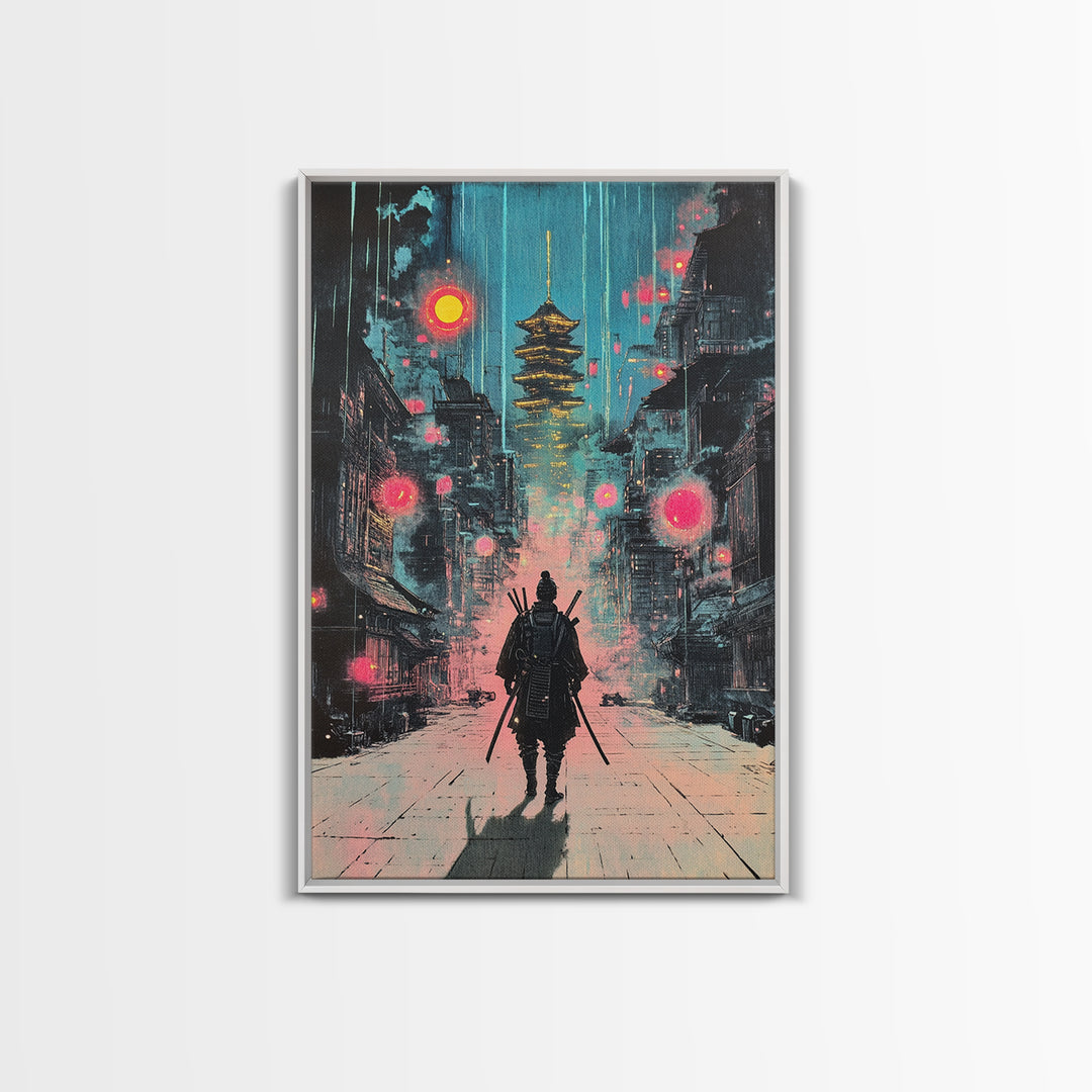 Moody Rain Samurai And Pagoda Wall Art, Japanese Cyberpunk Canvas Print, Dark Neon Cityscape Office Decor Gift For Him Poster