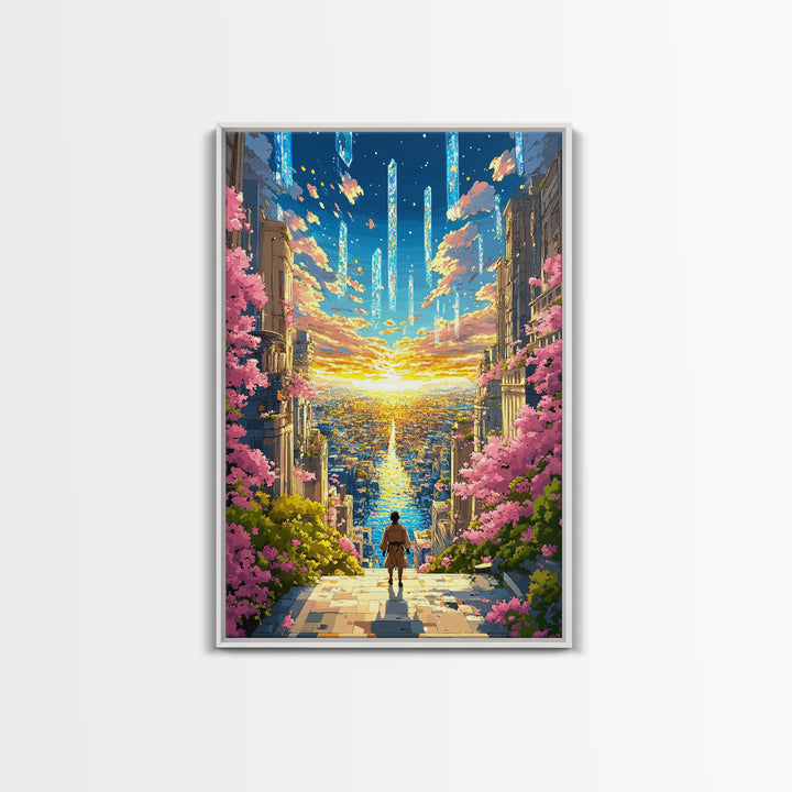 Futuristic City Sunset Vista Wall Art, Cherry Blossom Sci Fi Canvas Print, Vibrant Anime Landscape Living Room Decor Gift
