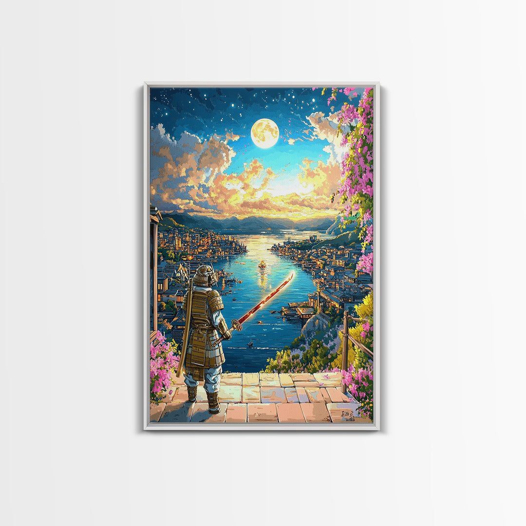 Moonlit Samurai Over Coastal Harbor Wall Art, Japanese Fantasy Landscape, Cherry Blossom Decor, Samurai Canvas, Gift For Him