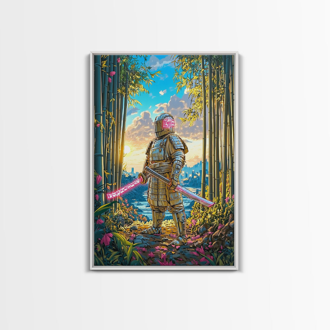 Armored Samurai In Bamboo Forest Canvas Print, Japanese Wall Art, Neon Sword Landscape, Sci Fi Warrior Decor, Gift For Him