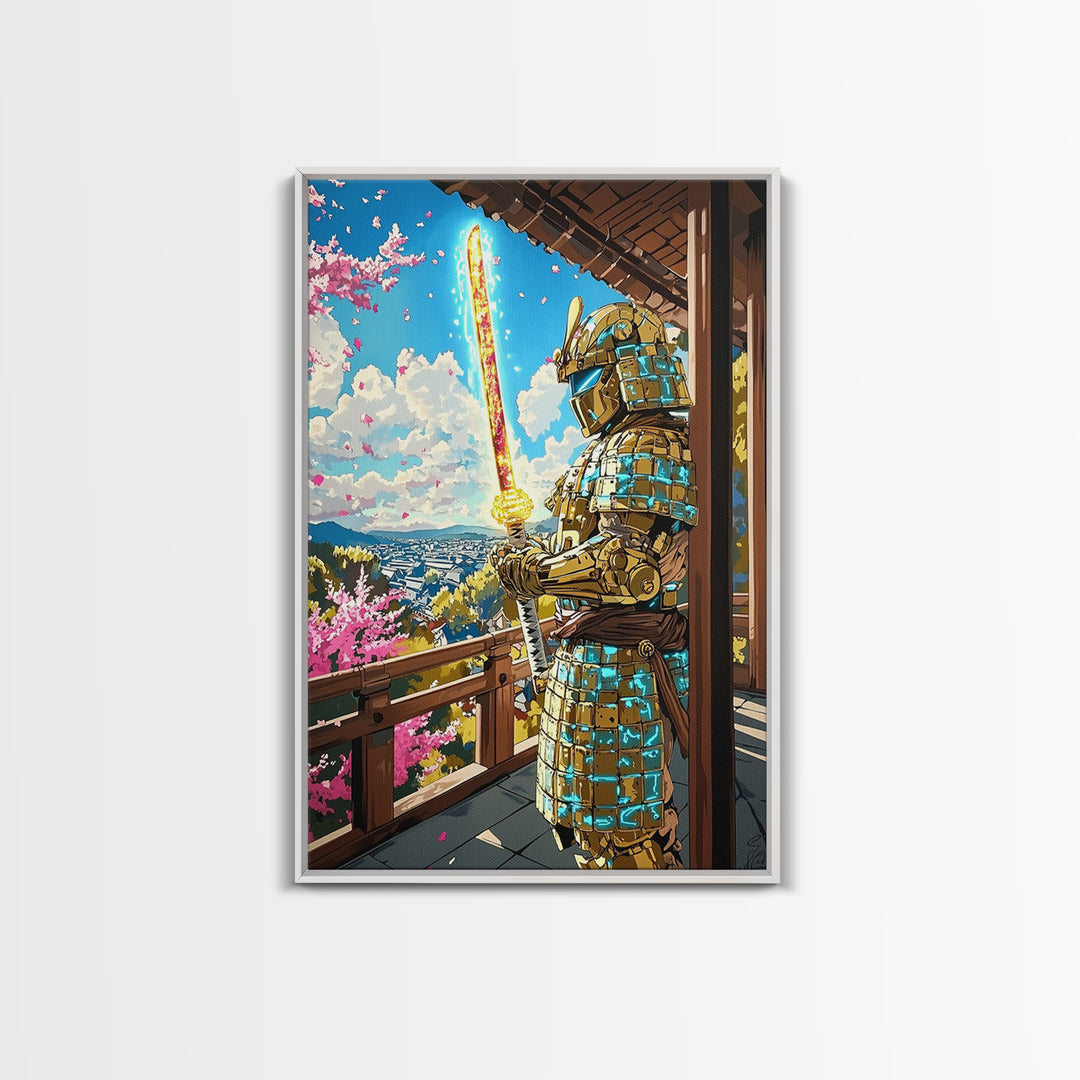 Golden Samurai On Cherry Blossom Balcony Wall Art, Japanese Seascape Print, Fantasy Warrior Wall Decor, Unique Gift For Him