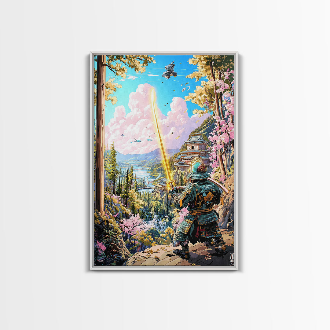 Samurai With Golden Sword Above Mountain Castle Wall Art, Japanese Landscape Print, Cherry Blossom Decor, Fantasy Wall Decor