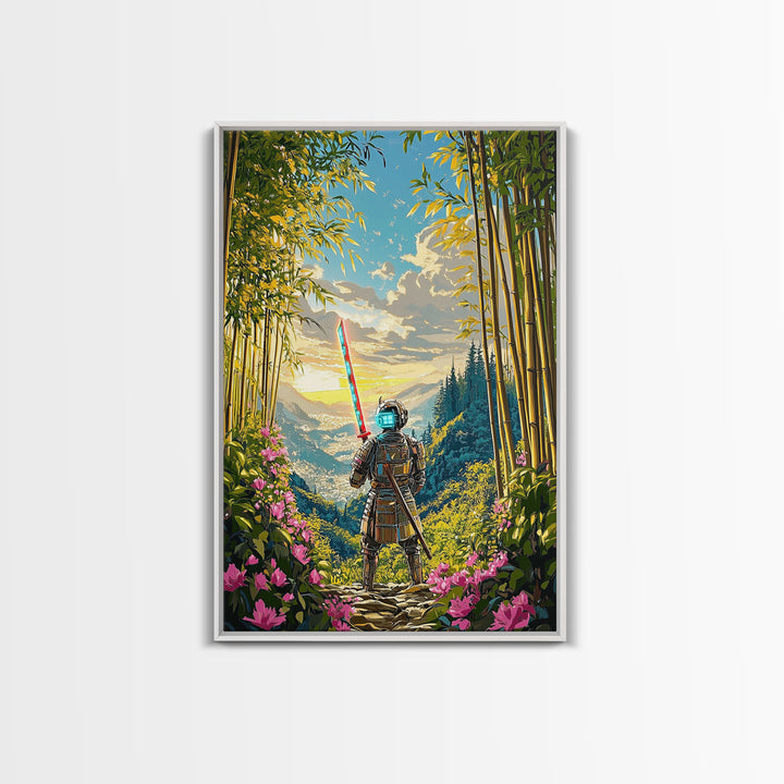 Neon Samurai In Bamboo Mountain Valley Canvas Print, Japanese Wall Art, Sunrise Landscape, Fantasy Home Decor, Gift For Him