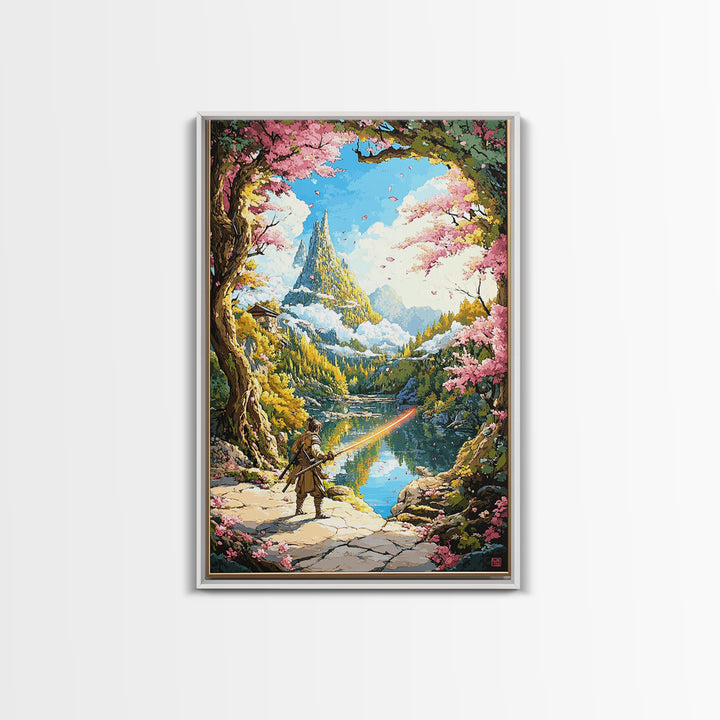 Wandering Samurai By Lake And Mountain Castle Wall Art, Japanese Fantasy Landscape, Cherry Blossom Print, Scenic Home Decor
