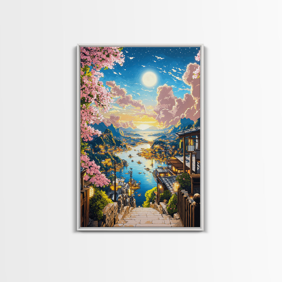 Moonlit Harbor Steps With Cherry Blossoms Wall Art, Japanese Coastal Landscape, Fantasy Seascape Print, Living Room Decor