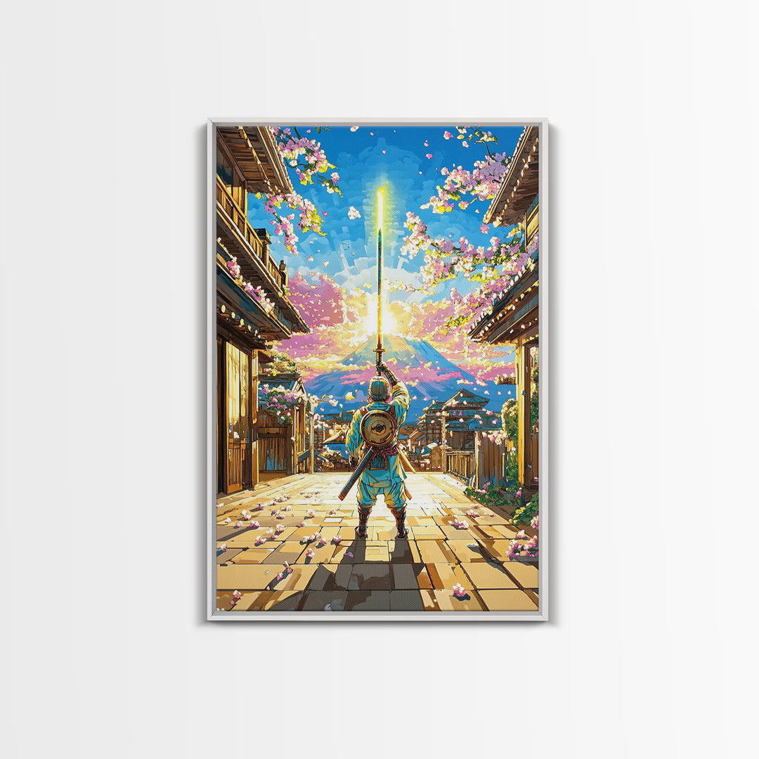 Samurai Raising Neon Sword In Cherry Blossom Village Canvas Print, Japanese Wall Art, Mount Fuji Decor, Fantasy Gift For Him