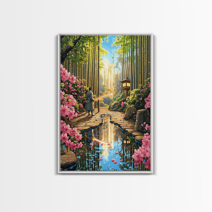 Samurai In Bamboo Garden With Cherry Blossoms Wall Art, Japanese Fantasy Canvas, Zen Landscape, Living Room Decor, Home Decor Gift