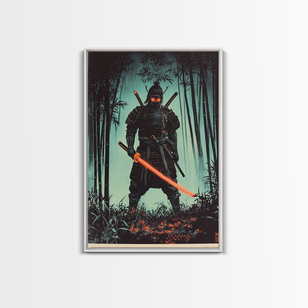 Dark Samurai In Bamboo Forest Framed Canvas Print, Japanese Warrior Wall Decor, Cyberpunk Fantasy Art, Gift For Him, Moody Office Decor