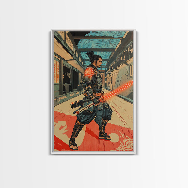 Futuristic Samurai In Subway Station Canvas Print, Japanese Cyberpunk Warrior, Sci Fi Wall Art, Gaming Room Decor Gift Idea