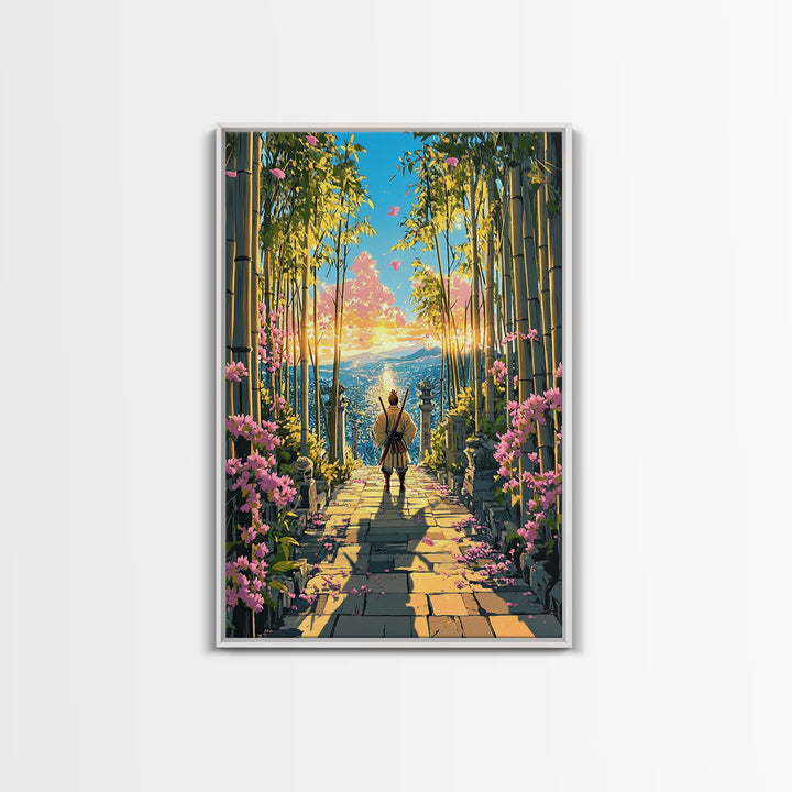 Lone Samurai On Bamboo Path At Sunrise Wall Art, Japanese Landscape Canvas, Cherry Blossom Decor, Zen Living Room Art, Housewarming Gift