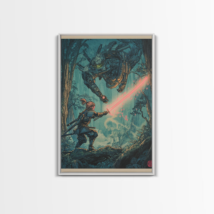 Samurai Battling Giant Mech In Forest Framed Canvas Print, Sci Fi Fantasy Wall Art, Cyberpunk Gamer Room Decor Gift For Him