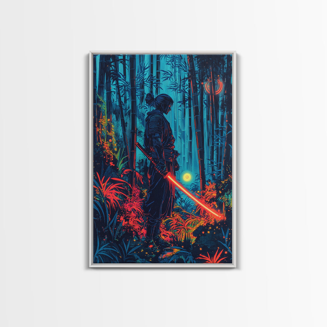 Neon Samurai In Blue Bamboo Forest Canvas Print, Cyberpunk Japanese Wall Art, Dark Fantasy Decor, Gaming Room Gift For Him