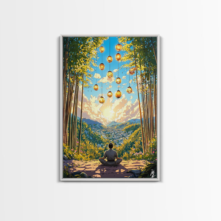 Meditating Figure In Bamboo Valley With Lanterns Wall Art, Zen Landscape Canvas, Japandi Decor, Calm Meditation Room Art