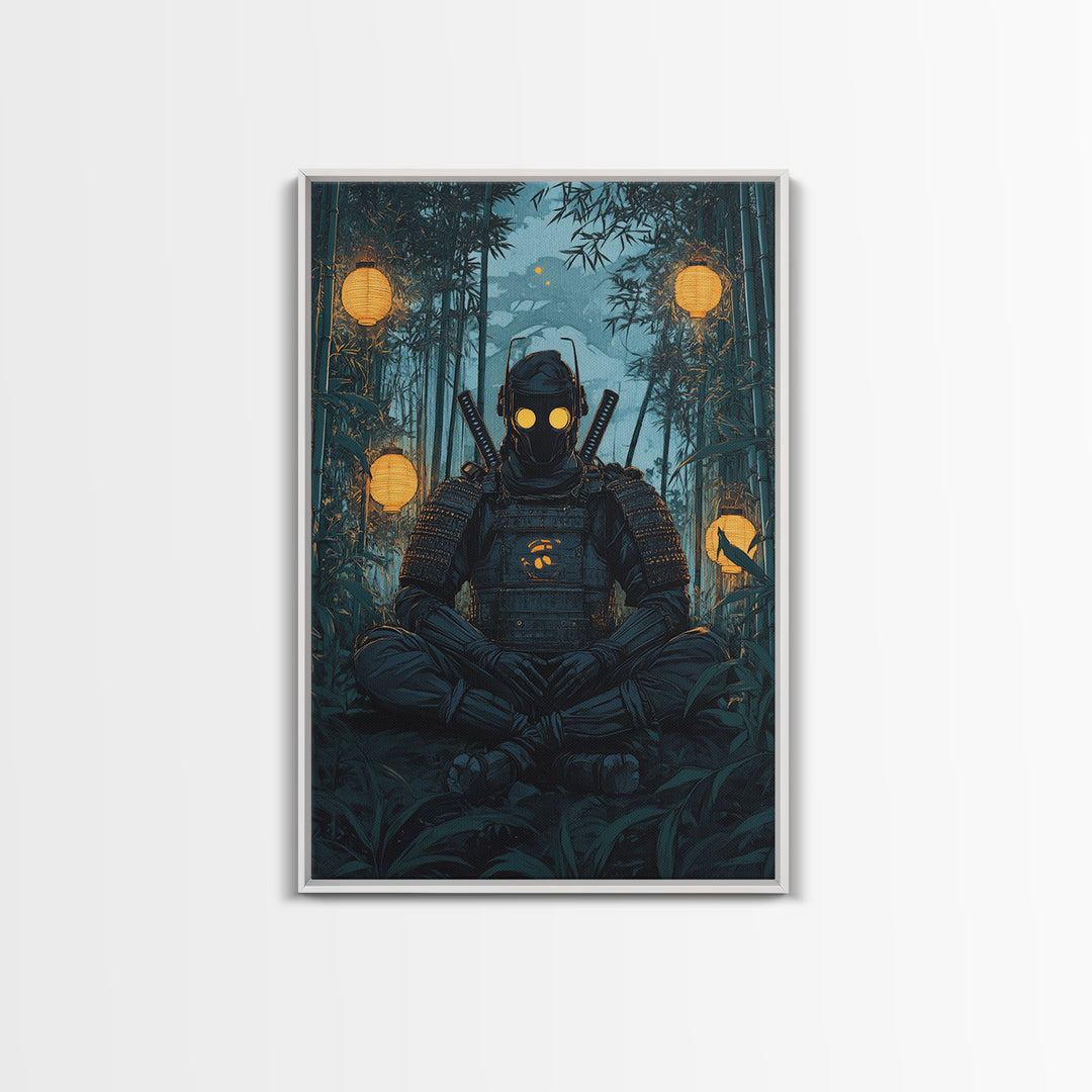 Masked Samurai Meditating In Bamboo Forest Framed Canvas Print, Dark Japanese Wall Art, Zen Warrior Decor, Gift For Him, Man Cave