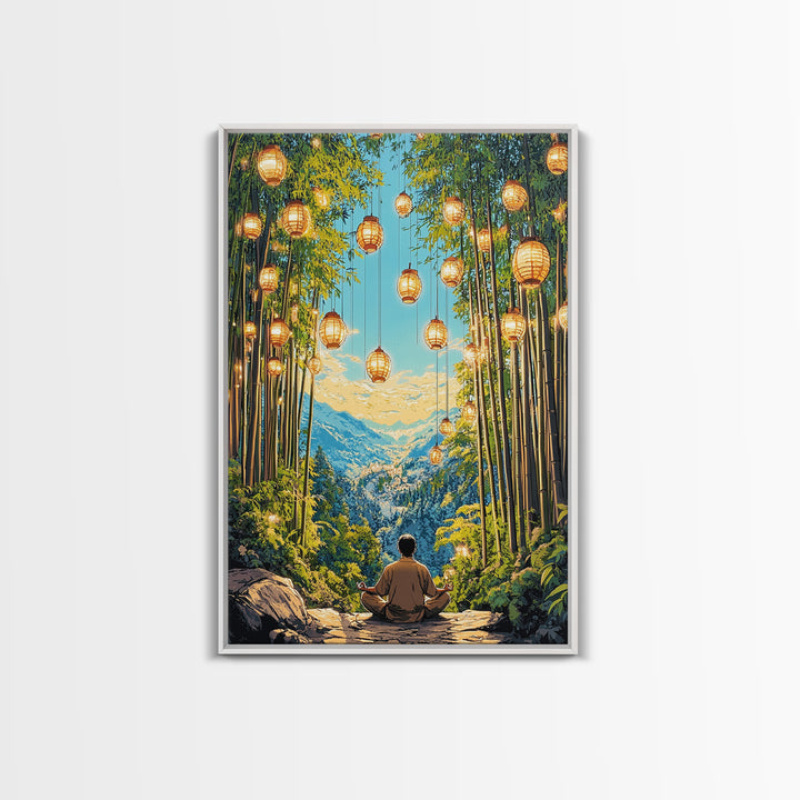 Lantern Lit Bamboo Meditation Mountain Wall Art, Japanese Zen Decor, Spiritual Nature Print, Calming Office Living Room Decor