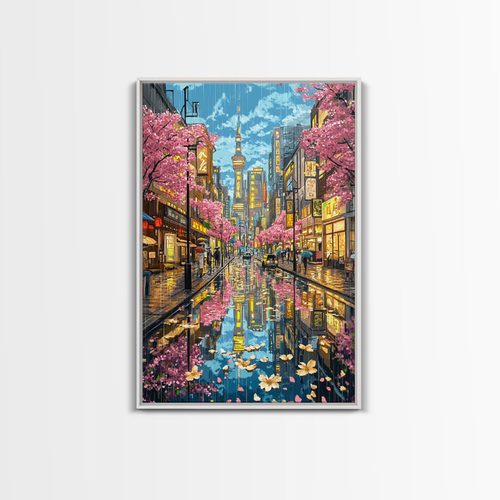 Rainy Tokyo Cherry Blossom Street Wall Art, Japanese Cityscape Print, Neon Urban Travel Poster, Modern Living Room Decor