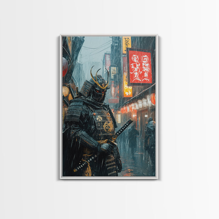 Armored Samurai In Rainy Neon Alley Canvas Print, Japanese Warrior Wall Art, Cyberpunk Decor, Dramatic Office Poster Gift For Him
