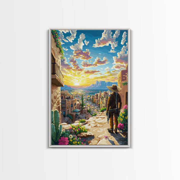 Sunset Adobe Desert Town Cowboy Wall Art, Southwestern Landscape Print, Western Home Decor, Colorful Travel Poster, Housewarming Gift
