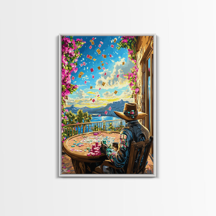 Cyber Cowboy Poker Terrace Wall Art, Southwestern Desert Canvas Print, Futuristic Western Decor, Game Room Unique Gift For Him
