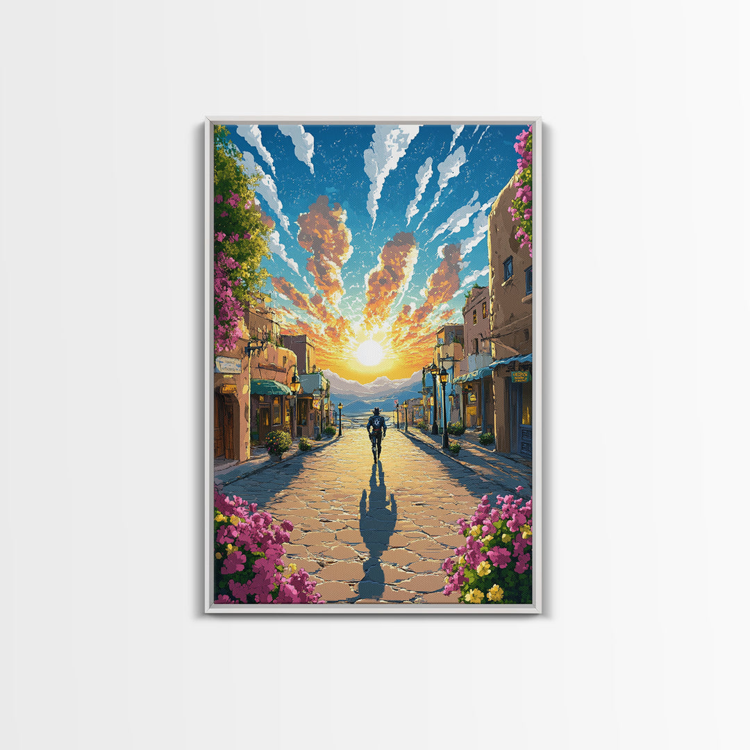 Golden Sunrise Cobblestone Village Wall Art, Mediterranean Landscape Print, Travel Poster, Warm Entryway Home Decor, Living Room Decor